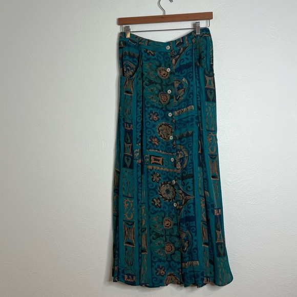Vintage Karen Kane Rayon Abstract Print Maxi Skirt Teal Button Front Size 12 - Picture 1 of 16